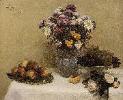 Henri Fantin-Latour White Roses, Chrysanthemums in a Vase, Peaches and Grapes on a Table with a White Tablecloth oil painting reproduction